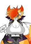 anthro big_breasts bottomwear breasts clothing duo eyewear female fur glasses hair male male/female purple_bottomwear purple_clothing purple_shorts shirt shorts smile tablet tail topwear yellow_body yellow_fur roder_vasquez julie_(jhenightfox) rod_(r_96) canid canine canis fox mammal wolf