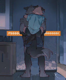 anthro biped black_body black_fur brown_body brown_fur carrying_another clothed clothing duo floppy_ears fur grey_body grey_fur male muscular muscular_anthro muscular_male peeing slim_anthro slim_male topless topless_anthro topless_male hemuchang autumn_(outumn) shin_(hemuchang) canid canine canis domestic_dog fox mammal platinum_fox red_fox true_fox hi_res