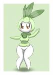 abstract_background absurd_res big_breasts bit-small blush bottomless breasts clothed clothing elemental_creature female flora_fauna generation_5_pokemon gesture hi_res humanoid nintendo not_furry petilil plant pokemon pokemon_(species) pokemorph short short_stack simple_background solo waving wide_hips