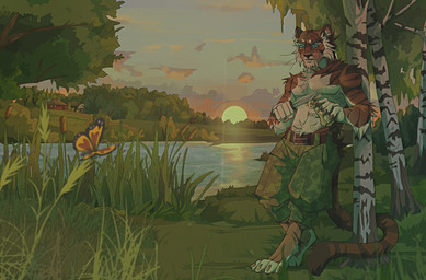 4_toes 5_fingers amazing_background anthro barefoot belt birch black_whiskers blue_eyes blue_lens blue_sclera bottomwear brown_body brown_fur brown_nose building camo camo_bottomwear camo_clothing camo_pants camo_print carving carving_knife cattail_(plant) cheek_tuft chest_fur clasp claws clothed clothing cloud countershade_arms countershade_torso countershading creating_art detailed_background digitigrade eyebrows facial_tuft fangs featureless_chest feet finger_claws fingers forest fur furry_tail grass holding_knife holding_object house inner_ear_fluff knife leaning_on_object leaning_on_tree lens_flare long_tail looking_at_object looking_at_statue male markings multicolored_body muscular muscular_anthro muscular_male navel no_irises outside overbite pants pattern_bottomwear pattern_clothing pattern_pants plant river road sculpture shrub sky solo standing striped_body striped_markings striped_shoulders striped_tail stripes sunset tail tail_around_tree tail_markings teeth toe_claws toes topless topless_anthro topless_male tree tuft two_tone_body unsigned village whiskers white_body white_countershading gala_bobs ambient_arthropod ambient_butterfly ambient_insect arthropod butterfly felid insect lepidopteran mammal monarch_butterfly pantherine tiger 2025 detailed digital_media_(artwork) hi_res paint_tool_sai_(artwork) russian_description