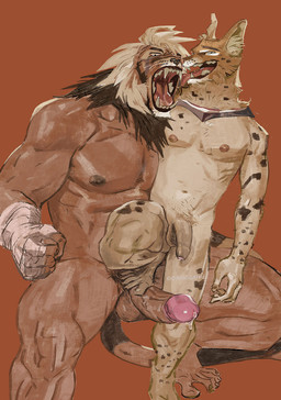 anthro balls biceps black_nipples black_nose black_spots brown_body brown_fur collar collar_only duo erection fangs feet flaccid foot_fetish foot_on_penis foot_play foreskin fur genitals humanoid_genitalia kemono looking_at_viewer male male/male mane markings nipples nude orange_background pecs penis pointy_ears pubes simple_background size_difference spots spotted_body spotted_fur teeth whiskers ooshiodaiki felid feline lion mammal pantherine serval 2023 absurd_res hi_res