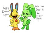 anthro dialogue duo female fur green_body green_fur male offended proud simple_background smile speciesism text yellow_body young young_anthro pachi_rizuu mob_entertainment poppy_playtime smiling_critters hoppy_hopscotch kickinchicken chiken domestic_rabbit lagomorph leporid mammal oryctolagus rabbit english_text hi_res