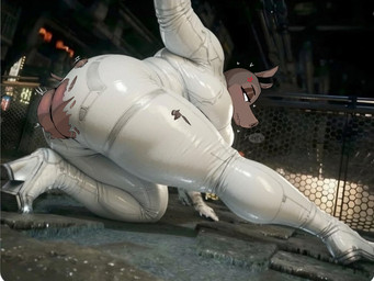 anthro ass_up big_butt brown_body butt butt_squish clothing crouching female huge_butt huge_thighs latex looking_back looking_down low-angle_view solo squish text thick_thighs tight_clothing white_clothing l0oui5 dreamworks madagascar_(series) stellar_blade gloria_(madagascar) hippopotamid mammal 4:3 hi_res