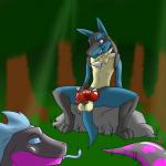 anthro blue_eyes duo erection forest genitals grin knot male outside penis plant presenting smile spread_legs spreading tail tree kotetsu_rexen nintendo pokemon lionel_aurastar rufus_(kotetsu) canid canine generation_4_pokemon lucario mammal pokemon_(species) 1:1 hi_res