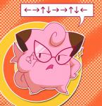 2013 abstract_background clefairy clefairy_says digital_media_(artwork) directional_arrow eyewear eyewear_only frown generation_1_pokemon glasses glasses_only hand_on_hip hi_res looking_aside misspiika nintendo nude open_frown open_mouth outline pink_body pokemon pokemon_(species) pokemon_stadium raised_finger solo speech_bubble wearing_glasses