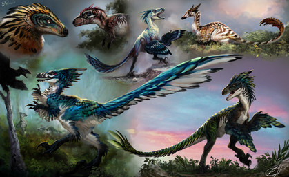 ambiguous_gender biped bipedal_feral blue_body blue_feathers claws cloud day detailed_feathers digitigrade feathers feral finger_claws grass green_body green_feathers group long_tail lying on_front open_mouth plant sharp_teeth sickle_claw sky snout striped_feathers tail tail_feathers teeth toe_claws tongue tree white_body white_feathers bjpentecost allosauroid alvarezsaurid carcharodontosaurid dinosaur dromaeosaurid feathered_dinosaur feathered_scalie mononykus prehistoric_species reptile saurischian scalie theropod detailed hi_res multiple_images shaded signature