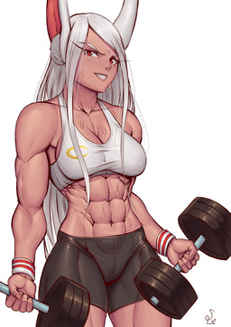 abs biceps bodily_fluids bottomwear bra breasts clothing deltoids dumbbell exercise female grey_hair hair muscular muscular_female obliques serratus shorts solo sports_bra sweat underwear weightlifting weights workout speedl00ver my_hero_academia rumi_usagiyama animal_humanoid humanoid lagomorph lagomorph_humanoid leporid_humanoid mammal mammal_humanoid rabbit_humanoid absurd_res hi_res