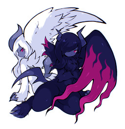 anthro belly black_body black_fur blush butt chest_tuft female fur horn looking_at_viewer red_eyes simple_background sitting tuft white_background white_body white_fur wings koivyx nintendo pokemon pokemon_legends_z-a generation_6_pokemon generation_9_pokemon mammal mega_absol mega_absol_z mega_evolution pokemon_(species) absurd_res hi_res