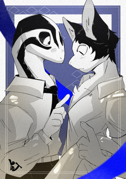 anthro blush blush_lines clothing dark_eyes duo kemono male male/male necktie shirt topwear unbuttoned_shirt rj-kun monotone_blue aoi_(mucknagabe) hachi_(mucknagabe) felid feline lizard mammal reptile scalie absurd_res hi_res