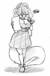 anthro big_tail biped breasts cleavage clothed clothing dialogue dress female footwear hair hair_over_eyes heart_symbol lipstick makeup mature_anthro mature_female shoes solo tail text hidden_(artist) hidden_orosubi canid canine fox mammal absurd_res english_text hi_res line_art monochrome