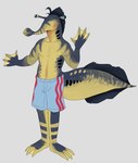 anthro blue_bottomwear blue_clothing blue_eyes blue_shorts bottomwear clothed clothing feet front_view glistening glistening_eyes grey_body male membrane_(anatomy) mouth_closed multicolored_body shorts solo standing toes topless two_tone_body webbed_feet webbed_hands yellow_body imperatorcaesar cyclostomata fish jawless_fish lamprey marine prehistoric_species tully_monster absurd_res full-length_portrait hi_res portrait