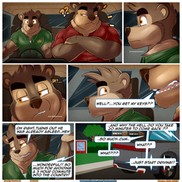 anthro border brown_body brown_fur clothing crossed_arms dialogue fur green_clothing green_shirt green_topwear half-closed_eyes male muscular muscular_anthro muscular_male narrowed_eyes night orange_eyes profanity question_mark red_clothing red_shirt red_topwear shirt speech_bubble tan_body tan_fur text topwear truck vehicle white_border work_uniform aaron_(artist) dillon_(aaron) justin_(aaron) bear mammal ursine 2025 comic digital_media_(artwork) english_text hi_res url father_(lore) father_and_child_(lore) father_and_son_(lore) parent_(lore) parent_and_child_(lore) parent_and_son_(lore) son_(lore)