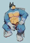 anthro areola barefoot belly belly_overhang beverage beverage_can biceps blue_background bottomwear can chair claws clothed clothing container eyebrows feet fur furniture holding_beverage holding_can holding_container holding_object looking_at_viewer love_handles male musclegut muscular muscular_anthro muscular_male nipples pecs plantigrade shorts simple_background sitting smile solo topless topless_anthro topless_male tuft starlimisky bluey_(series) bandit_heeler australian_cattle_dog canid canine canis cattledog domestic_dog herding_dog mammal pastoral_dog 2025 hi_res
