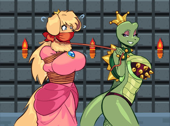 anthro arms_tied bdsm big_breasts blue_eyes blush bondage bound bra bracelet breasts brown_body brown_fur brown_hair cloth_gag clothed clothed_anthro clothed_female clothing collar cosplay crossgender crown dominant dominant_anthro dominant_female dress duo female female/female fluffy fluffy_tail fur gag gagged green_body hair headgear jewelry leash pink_clothing pink_dress purple_eyes restraints rope rope_bondage spiked_bra spiked_bracelet spiked_collar spikes submissive submissive_anthro submissive_female tail underwear jamoart mario_bros nintendo bowser jenny_pawson princess_peach ruby_(furrybound) canid canine canis domestic_dog lizard mammal reptile scalie 2026