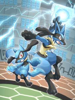 action_pose ambiguous_gender anthro arena aura black_body black_fur blue_body blue_fur chest_spike cute_fangs duo fangs fur hand_spike midair open_mouth orange_eyes pawpads pose spikes spikes_(anatomy) tan_body tan_fur teeth tongue katkichi nintendo pokemon generation_4_pokemon lucario pokemon_(species) riolu 2022 absurd_res dated digital_drawing_(artwork) digital_media_(artwork) hi_res signature
