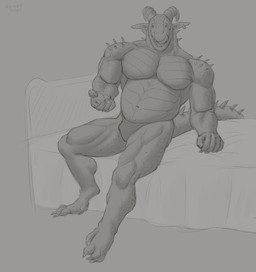anthro arm_spikes bed bulge claws clothed clothing ear_piercing ear_ring finger_claws front_view furniture horn licking licking_lips licking_own_lips looking_at_viewer male male_anthro musclegut muscular muscular_anthro muscular_male navel neck_spikes on_bed open_mouth pecs piercing ring_piercing shoulder_spikes sitting solo spiked_tail spikes spikes_(anatomy) tail toe_claws tongue tongue_out topless aduran mythology dragon mythological_creature mythological_scalie scalie 2022 absurd_res dated hi_res monochrome signature sketch
