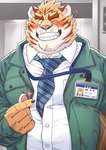 anthro blush clothing detailed_background humanoid_hands kemono male necktie one_eye_closed overweight overweight_male shirt solo topwear wink ryuta-h felid mammal pantherine tiger 2022 hi_res