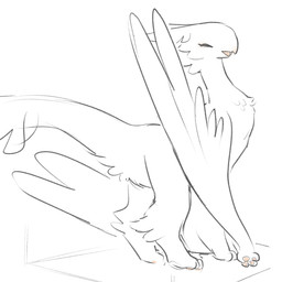 beak butt chest_tuft eyes_closed feather_tuft feathers female feral fluffy leg_tuft looking_at_viewer looking_back looking_back_at_viewer open_beak open_mouth open_smile pawpads paws pink_beak smile smiling_at_viewer solo tuft white_body white_feathers winged_arms wings tateoftot european_mythology mythology saphiel_(tateoftot) avian bird dragon feathered_dragon feathered_scalie feathered_wyvern mythological_creature mythological_scalie scalie western_dragon wyvern 1:1 hi_res sketch