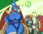 3_fingers 5_fingers annoyed anthro anthrofied armor avian beak big_breasts blue_hair blush breasts cleavage clothed clothing day-t dragon ear_piercing erect_nipples eyes_closed feathers female fur gloves grey_fur hair half-closed_eyes huge_breasts jewelry long_hair male musical_note navel nintendo nipples open_mouth pidgeot piercing pokémon red_hair salamence skimpy smile tongue underwear video_games wings zoroark
Rating: Questionable
Score: 12
User: MrPerson95
Date: January 20, 2014
