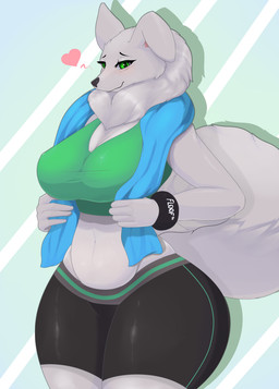 anthro big_breasts bottomwear breasts clothing exercise female fur green_eyes heart_symbol midriff navel neck_tuft shorts solo spandex spandex_shorts sweatband thick_thighs tight_bottomwear tight_clothing tight_shorts towel tuft white_body white_fur wide_hips workout_clothing asaneman ms._fluff canid canine canis domestic_dog mammal nordic_sled_dog samoyed spitz absurd_res hi_res