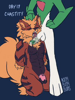 anthro bodily_fluids chastity_cage chastity_device chastity_device_only drooling duo eyes_closed fellatio genitals hands_behind_back kneeling licking male male/male nude oral penile penis penis_lick saliva saliva_on_penis sex simple_background tongue tongue_out wearing_chastity_device kittybittybuns nintendo pokemon russ_(kittybittybuns) arcanine gallade generation_1_pokemon generation_4_pokemon pokemon_(species) hi_res
