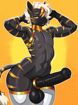 accessory animal_genitalia animal_penis anthro athletic athletic_male balls bedroom_eyes big_penis biped black_penis clothing cock_ring equine_genitalia equine_penis erection femboy front_view fur fur_markings genitals gold_(metal) gold_jewelry gold_necklace hair jewelry legwear male male_anthro markings medial_ring narrowed_eyes necklace penis penis_accessory penis_jewelry scrotum_flap seductive solo standing tail thick_thighs thigh_highs white_hair wide_hips yellow_markings torou equid equine mammal zebra absurd_res hi_res