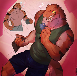 4_fingers anthro black_stripes bottomwear clothed clothing container credit_card cup fingers hand_on_hip holding_card holding_container holding_cup holding_object holding_wallet male multiple_poses muscular muscular_arms open_mouth pecs pose red_body shirt shorts solo stripes tank_top text tired topless topwear wallet yellow_sclera megadolix dinosaur prehistoric_species reptile scalie artist_name digital_media_(artwork) hi_res