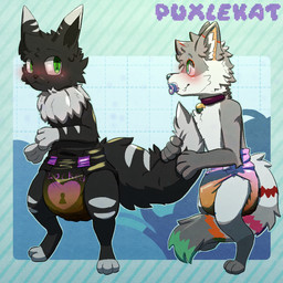 anthro black_diaper bodily_fluids clothed clothing diaper duo feces fluffy fluffy_tail fur genital_fluids locked_diaper object_in_mouth pacifier pacifier_in_mouth soiled_diaper soiling tail unclean_diaper urine used_diaper using_diaper wearing_diaper wet_diaper wetting wetting_diaper puxlekat nintendo pokemon domestic_cat eevee felid feline felis generation_1_pokemon mammal pokemon_(species) 1:1 hi_res