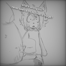 adolescent adult_on_adolescent adult_on_young age_difference anthro belly bodily_fluids bulge clothing duo genital_fluids male male/male moobs overweight overweight_male precum precum_through_clothing precum_through_underwear scared text underwear wet wet_clothing young bittiums felid mammal 1:1 hi_res monochrome