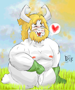 anthro beard belly big_muscles blonde_hair clothing eyes_closed facial_hair fur gardening_gloves genitals gloves grass hair handwear heart_symbol horn kneeling male muscular nipples nude open_mouth outside penis plant sky smile solo sun white_body white_fur ugly-rat15508 undertale undertale_(series) asgore_dreemurr boss_monster_(undertale) bovid caprine mammal absurd_res digital_media_(artwork) hi_res