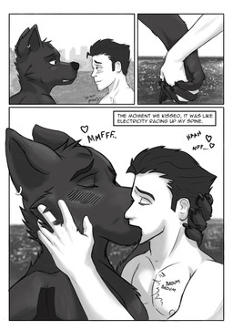 anthro arm_tattoo blush blush_lines comic_panel duo ear_piercing hand_holding human_on_anthro interlocked_fingers interspecies kissing male male/male narration piercing tattoo tribal tribal_tattoo alphasabre ansel_(alphasabre) silas_(alphasabre) canid canine canis human mammal wolf comic greyscale hi_res monochrome