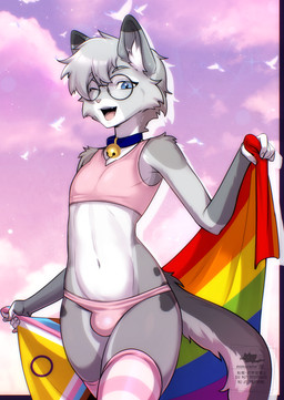 anthro bell bell_collar blue_collar blue_eyes bottomwear claws clothed clothing cloud collar crop_top dipstick_ears dipstick_tail ear_markings eyewear femboy fur glasses gold_bell grey_body hair lgbt_pride looking_at_viewer male markings midriff multicolored_ears navel one_eye_closed panties pink_nose pride pride_color_flag pride_colors progress_pride_colors progress_pride_flag round_glasses shirt six-stripe_rainbow_pride_colors sky smile spots spotted_markings tail tail_markings topwear underwear wink winking_at_viewer mishabahl lgbt_pride_month nixuelle domestic_cat egyptian_mau felid feline felis mammal 2026 absurd_res digital_drawing_(artwork) digital_media_(artwork) hi_res