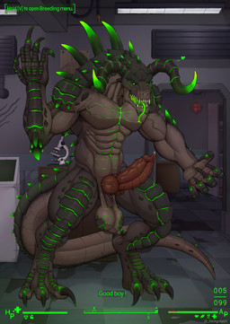 3_toes 5_fingers anthro balls bioluminescence bodily_fluids claws digitigrade dripping feet fingers gameplay_mechanics genital_fluids genitals glowing glowing_eyes glowing_markings glowing_tongue good_boy green_eyes green_glow gui hazard_symbol health_bar heart_reaction heart_symbol horn hud industrial_architecture inside knot laboratory laboratory_equipment looking_at_viewer male markings microscope muscular muscular_male nude nude_male penis praise precum precum_drip radiation_symbol saggy_balls scientific_instrument solo spikes spikes_(anatomy) symbol tail teeth text toe_claws toes tongue tongue_out vein veiny_penis nickgray fallout microsoft deathclaw glowing_deathclaw scalie english_text hi_res