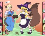 2016 alice_margatroid anthro apron arm_grab big_breasts blonde_hair blue_eyes breast_expansion breasts canid canine clenched_teeth clothed clothing comic dress duo english_text expansion female footwear hair hat headgear headwear hi_res humanoid long_hair magic_user mammal marisa_kirisame nipple_outline raccoon_dog shoes standing surprise sutibaru tanuki teeth text touhou transformation witch witch_hat yellow_eyes