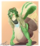 anthro bent_over big_diaper blush clothed clothing diaper feces front_view fur green_body green_fur hands_on_knees hands_on_legs huge_diaper male messy messy_diaper open_clothing open_mouth open_shirt open_topwear pooping raised_tail shirt skunk_spray smelly smile soiled_diaper soiling soiling_diaper solo standing stink_fumes tail topwear transformation unclean_diaper used_diaper extremius_amphibious mythology dragon mammal mephitid mythological_creature mythological_scalie scalie skunk absurd_res hi_res