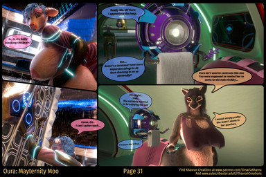 anthro bathing belly big_belly big_breasts blue_hair breasts clothing dialogue female hair huge_belly hyper hyper_belly hyper_pregnancy latex latex_clothing pregnant pregnant_anthro pregnant_female science_fiction shower showering text jinsariakhavra khavrancreations oura bovid bovine felid felid_taur feline feline_taur mammal mammal_taur taur comic english_text hi_res url