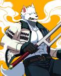 abs anthro belt biceps blue_eyes bottomwear bulge captain cigar clothed clothing fur jacket jitte leather leather_clothing leather_jacket leather_topwear male marines melee_weapon military navy pants smoke smoking solo topless topwear weapon white_body white_fur bearlovestiger13 one_piece smoker_(one_piece) canid canine canis mammal wolf 2016 hi_res