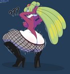 absurd_res anthro big_butt boots butt clothing crouching curvy_figure direction_lines female fishnet_clothing fishnet_legwear footwear generation_7_pokemon hi_res high_heeled_boots high_heels hourglass_figure huge_butt legwear looking_at_viewer motion_lines motion_outline nintendo pokemon pokemon_(species) question_mark small_waist solo thetyrant thick_thighs tsareena twerking wide_hips