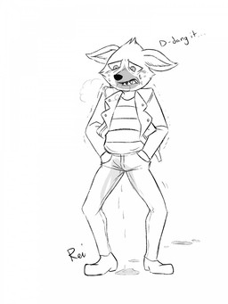 anthro blush blush_lines bodily_fluids bottomwear breath clothing embarrassed footwear genital_fluids hand_in_pocket jacket male male_peeing pants peeing pockets shirt shoes simple_background solo sweat sweatdrop topwear urine urine_on_ground urine_pool urine_through_clothing watersports wet wet_bottomwear wet_clothing wet_pants wetting white_background bibarel_rei aggretsuko sanrio haida_(aggretsuko) hyena mammal 3:4 hi_res monochrome
