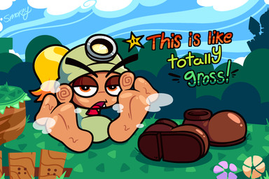 2_toes armless armor ascot blonde_hair blush bodily_fluids brown_clothing brown_footwear brown_shoes clothed clothed_female clothed_feral clothing detailed_background dialogue disgust embarrassed eyebrows fangs feet female female_feral fence feral foot_fetish foot_focus footwear frown green_clothing green_hat green_headwear hair half-closed_eyes hat headgear headlight headwear helmet hill looking_at_viewer narrowed_eyes noseless open_frown open_mouth orange_eyes outside ponytail red_ascot sharp_teeth shoes shoes_removed sitting smelly smelly_feet snaggle_tooth soles solo steam sweat talking_to_viewer tan_body tan_skin teeth thick_eyebrows toes topwear smokey_the_menish mario_bros nintendo paper_mario paper_mario:_the_thousand_year_door goombella goomba waddling_head hi_res