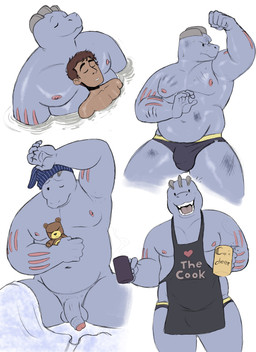 5_fingers anthro apron balls bedding blanket blue_body blue_skin brown_head bruised bulge clothed clothing coffee_mug duo excited eyes_closed fingers foreskin genitals hat headgear headwear heart_symbol male male/male musclegut muscular muscular_male navel nightcap nipples one_eye_closed open_mouth open_smile overweight overweight_anthro overweight_male penis plushie raised_arm relaxing scratches simple_background slightly_chubby slightly_chubby_male smile solo_focus stripes tan_body tan_skin teddy_bear underwear underwear_only water tush_(artist) nintendo pokemon chonkers_(tush) generation_1_pokemon human machoke mammal pokemon_(species) absurd_res digital_media_(artwork) hi_res