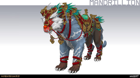 4_toes 5_toes accessory ambiguous_feral ambiguous_gender blue_body blue_fur blue_tail brown_body brown_feet brown_fur claws clothing company_name feet feral fur furgonomics headgear headwear horn jewelry light long_fangs long_tail markings mouth_closed multicolored_body multicolored_fur orange_eyes paws quadruped red_anklet red_clothing red_face red_headwear red_horn reins ring saddle sharp_teeth simple_background solo standing tail tail_accessory tail_jewelry tail_ring teeth text three-quarter_view toe_claws toes white_claws white_markings nicholas_patrick_kelana highguard_(game) felid feline haplorhine mammal mandrillion_(highguard) monkey old_world_monkey primate 2026 absurd_res colored concept_art digital_drawing_(artwork) digital_media_(artwork) english_description english_text hi_res lighting official_art shaded