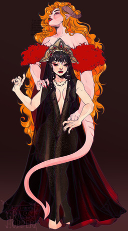 black_eyes black_hair clothing dress duo female female/female hair headdress kokoshnik manicure orange_hair pointy_ears queen red_clothing red_dress red_eyes royalty translucent translucent_clothing veegrasshopper dungeons_and_dragons hasbro wizards_of_the_coast half_elf human humanoid mammal tiefling vampire absurd_res hi_res