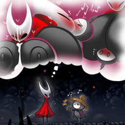 bashful big_breasts big_nipples black_body blush bodily_fluids brass breast_play breasts cloak clothing cum cum_on_breasts cum_on_face dress duo ejaculation female genital_fluids huge_breasts kiss_on_lips kissing male male/female melee_weapon metal nipples red_clothing red_dress sex singing size_difference smothering sword thought_bubble titfuck weapon sillyseacreatur hollow_knight_(franchise) inktober_2025 team_cherry hornet_(hollow_knight) sherma_(hollow_knight:_silksong) arthropod hornet hymenopteran insect vespid wasp weaver_(hollow_knight) 1:1 hi_res
