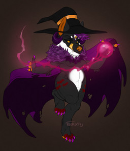 3_eyes anthro black_clothing black_hat black_headwear cape chibi claws clothing fangs female fur glistening glistening_eyes grey_body grey_fur hat headgear headwear horn licking licking_lips licking_own_lips markings mouth_closed multi_eye nude orange_eyes orange_nose orange_pawpads pawpads purple_cape purple_claws purple_clothing purple_horn red_markings self_lick simple_background solo standing teeth tongue tongue_out white_body white_fur riorix canid mammal 2017 dated full-length_portrait hi_res portrait signature