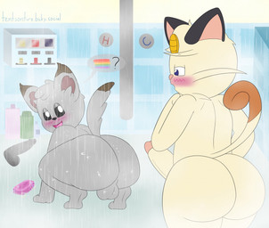 anthro backsack balls black_nose blush brown_tail_tip butt dildo dipstick_tail duo fur genitals grey_body grey_fur looking_at_another looking_back looking_back_at_another male male/male markings nude_anthro nude_male open_mouth open_smile penis raised_tail sex_toy shower smile soap_bar tail tail_markings wet white_body white_fur tentsonfire nintendo pokemon ferdi_(tentsonfire) meowth_tents(tentsonfire) tents_(tentsonfire) generation_1_pokemon generation_5_pokemon meowth minccino pokemon_(species) hi_res