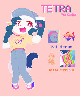 ambiguous_gender anthro biped blue_body blue_clothing blue_fur blue_hair blue_tail blush blush_lines chibi clothing fangs fur fur_markings gloves_(marking) hair hat headgear headwear highlights_(coloring) leg_markings looking_at_viewer markings multicolored_body multicolored_fur multicolored_hair open_mouth pawpads pink_clothing pink_eyes pink_pawpads smile socks_(marking) solo tail tail_markings teeth text tongue topwear two_tone_body two_tone_fur two_tone_hair two_tone_tail white_body white_fur white_hair white_tail yellow_clothing yonkagor tetra_(yonkagor) domestic_cat felid feline felis mammal 2021 5:6 character_name english_text hi_res model_sheet
