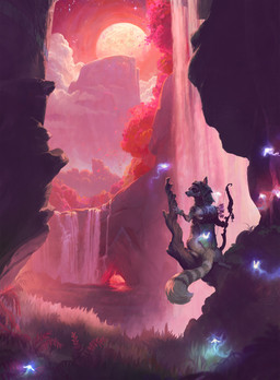 ambiguous_gender anthro bow_(weapon) brown_body brown_fur clothing cloud detailed_background facial_markings forest full_moon fur grass head_markings headgear headwear holding_bow_(weapon) holding_object holding_ranged_weapon holding_weapon leaf looking_back looking_up markings mask_(marking) moon mountain night outside plant quiver_(object) ranged_weapon smoke solo standing star tail tree water waterfall weapon whiskers andrew_theophilopoulos hasbro magic:_the_gathering wizards_of_the_coast ambient_creature mammal procyonid raccoon spirit 2024 absurd_res digital_media_(artwork) hi_res official_art