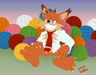 3_toes anthro ball_of_yarn barefoot black_nose blue_eyes bottomless bottomless_anthro bottomless_male brown_body brown_fur cheek_tuft chest_tuft claws clothed clothing ear_tuft facial_tuft featureless_crotch feet finger_claws foot_focus fur fur_tuft looking_at_viewer male multicolored_body multicolored_fur narrowed_eyes necktie orange_body orange_fur paws plantigrade red_necktie smile soles solo spread_toes tan_body tan_fur tan_inner_ear teeth text toe_claws toes topwear tuft white_clothing white_topwear yarn glifer bubsy_(series) bubsy_4d bubsy_bobcat bobcat felid feline lynx mammal artist_name hi_res