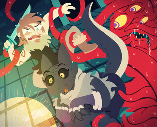 ambiguous_gender anthro black_body black_eyes black_scales boots clothing facial_hair fangs female feral fight footwear goatee green_eyes group larger_male long_tail male male/female melee_weapon multi_eye mustache orange_tongue purple_eyes red_body red_skin scales shoes size_difference smaller_female sword tail tattoo teeth tentacles tongue trio weapon yellow_eyes shane_frost human kobold mammal monster scalie unknown_species hi_res